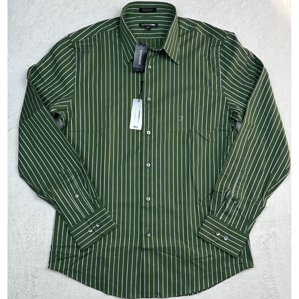 Express 1MX Mens Modern Fit Dress Shirt Medium Green White Pinstripe NWT